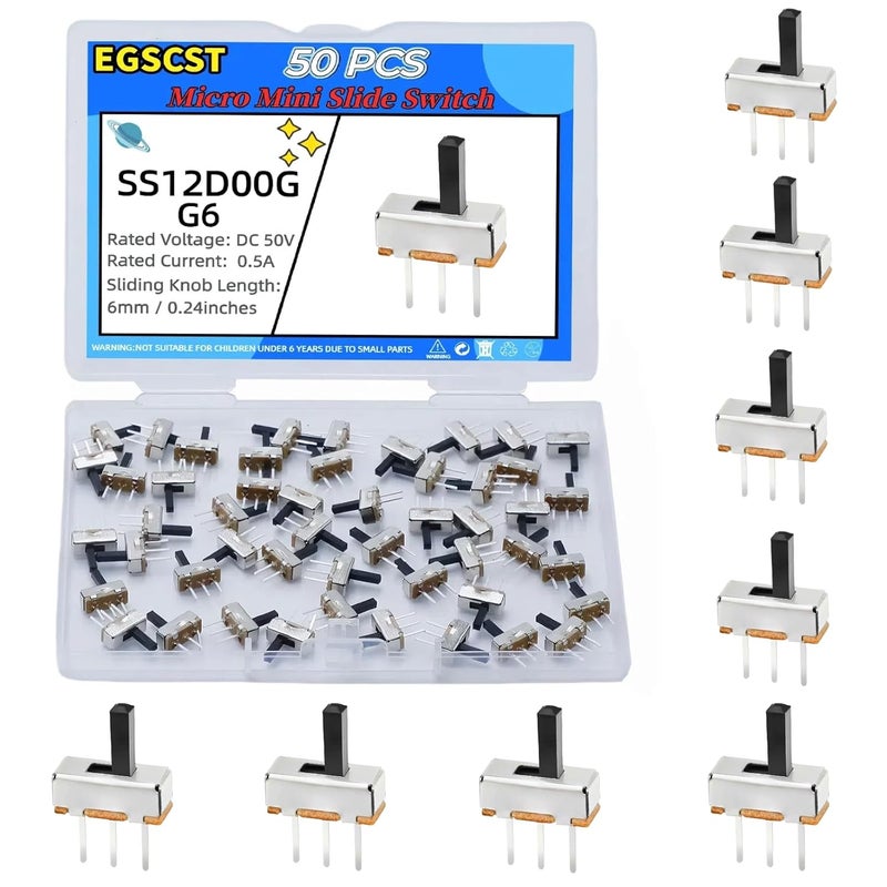 EGSCST 50 قطعة مفتاح منزلق صغير ميكرو SPDT مفاتيح تبديل 1p2t موضعين 3 دبابيس صغيرة عمودية مثبتة على اللوحة مقبض غمر لمشاريع إلكترونية Arduino PCB Breadboard - SS12D00G 6 مم DC 50 فولت 0.5 أمبير - Image 1